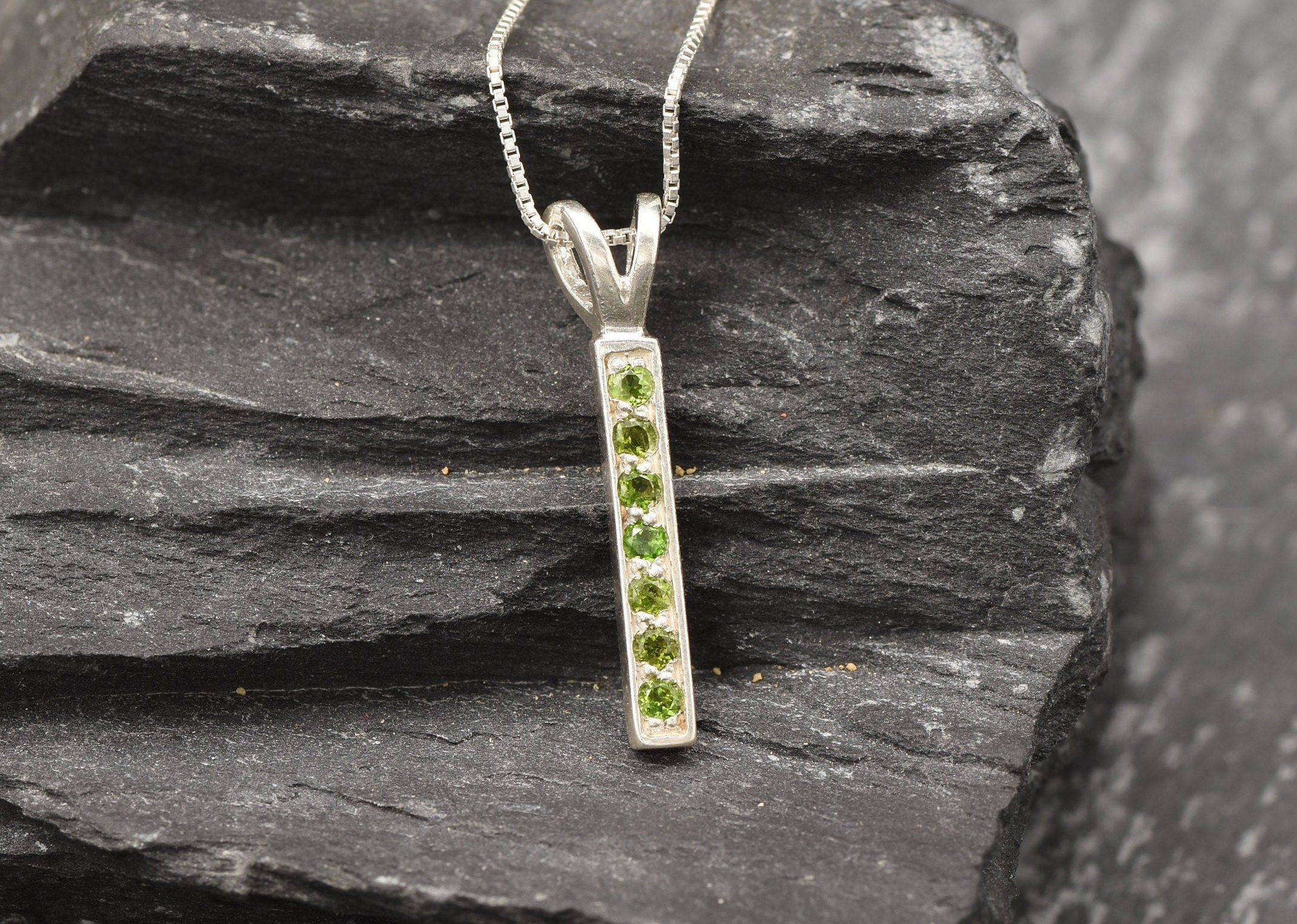 Green Bar Pendant, Chrome Diopside Necklace, Emerald Green Pendant, Layering Necklace, Line Pendant, Natural Diopside, Solid Silver Pendant