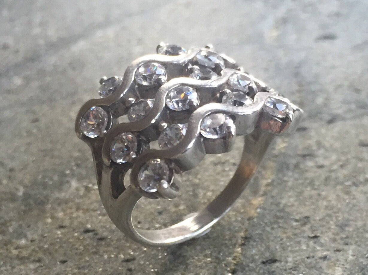 Diamonds Ring, CZ Diamonds, Bezel Ring, Vintage Diamond Ring, Bridal Ring, Leaf Ring, Thorn Ring, Wide Ring, Solid Silver Ring, Pure Silver