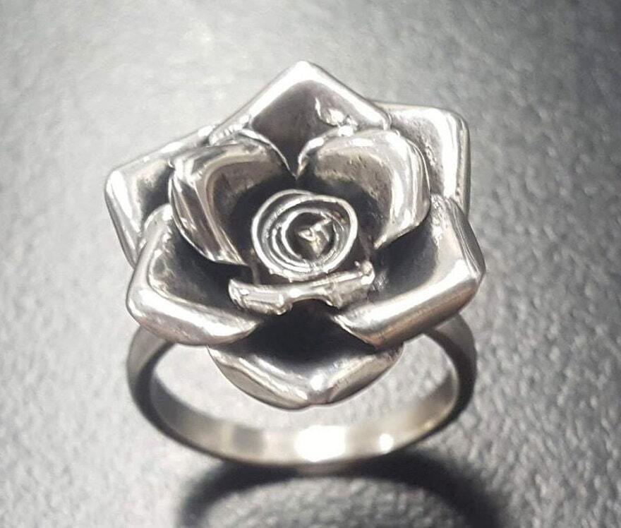 Large Rose Ring, Silver Rose Rings, Rose Flower Ring, Silver Flower Ring, Statement Ring, Flower Ring, Vintage Rose Ring, Rose Design Ring