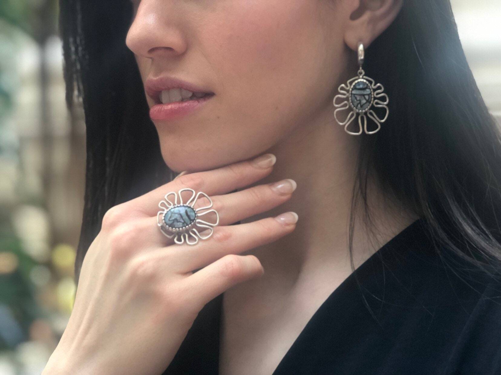 Mosaic Earrings, Shell Earrings, Chandelier Earrings, Vintage Earrings, Solid Silver Earrings, Roman Earrings, Lady Earrings, Natural Stone