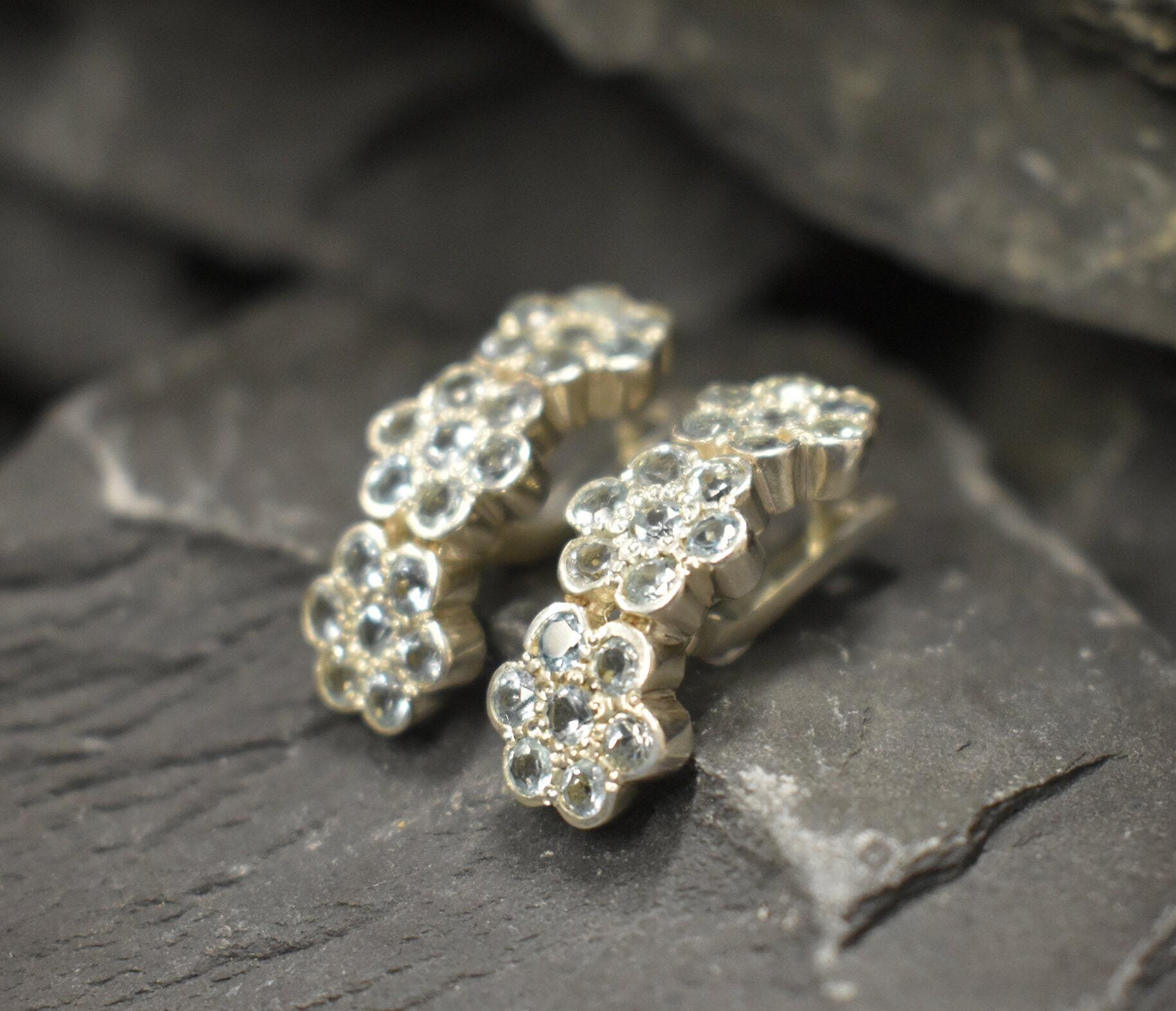 Blue Flower Earrings, Blue Topaz Earrings, Daisy Earrings, Long Stud Earrings, December Birthstone, Statement Earrings, 925 Silver Earrings