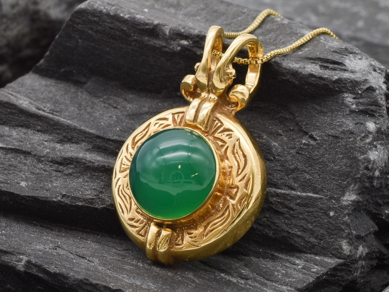 Created Emerald Pendant made in 18k Gold Vermeil with Round Created Green Emerald in Bezel setting, May Birthstone gift idea, symbolizes, ideal for everyday wear and perfect for birthday gifting and special occasions.