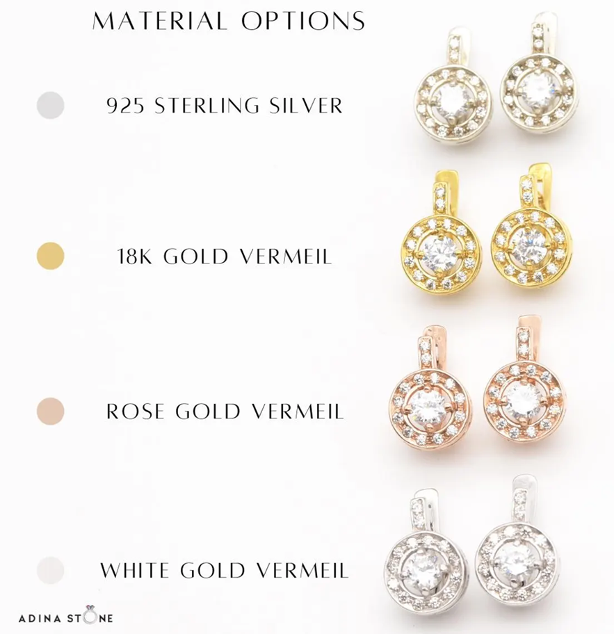 Adina Stone material options for 925 Sterling Silver, 18K Yellow Gold Vermeil, 18K White Gold Vermeil, 18K Rose Gold Vermeil.