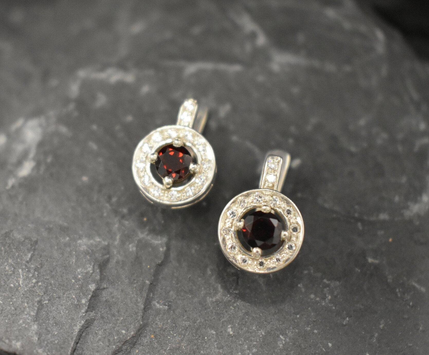 Red Garnet Earrings, Garnet Earrings, Natural Garnet, January Birthstone, Red Diamond Earrings, Red Vintage Earrings, Solid Silver Earrings