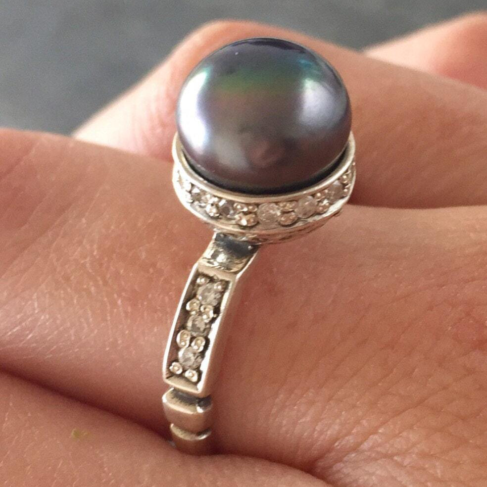 Black Pearl Ring, Natural Pearl Ring, June Birthstone, Pearl and Diamond, Vintage Pearl Ring, Vintage Style, June Ring, Solid Silver Ring