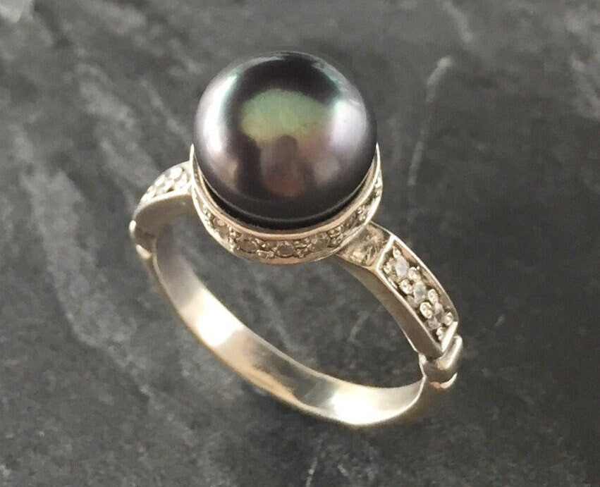 Black Pearl Ring, Natural Pearl Ring, June Birthstone, Pearl and Diamond, Vintage Pearl Ring, Vintage Style, June Ring, Solid Silver Ring