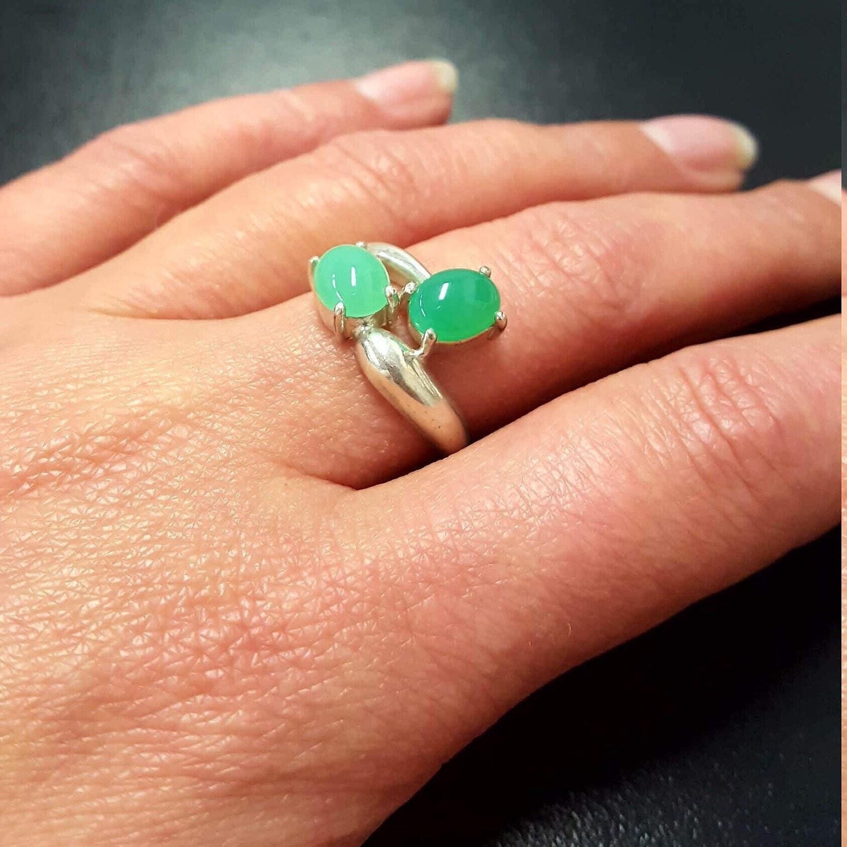 Chrysoprase Ring, Natural Chrysoprase, May Birthstone, Green Vintage Ring, 2 Stone Ring, Solid Silver Ring, Green Unique Ring, Chrysoprase