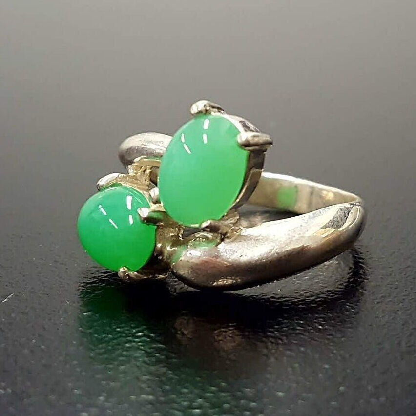 Chrysoprase Ring, Natural Chrysoprase, May Birthstone, Green Vintage Ring, 2 Stone Ring, Solid Silver Ring, Green Unique Ring, Chrysoprase
