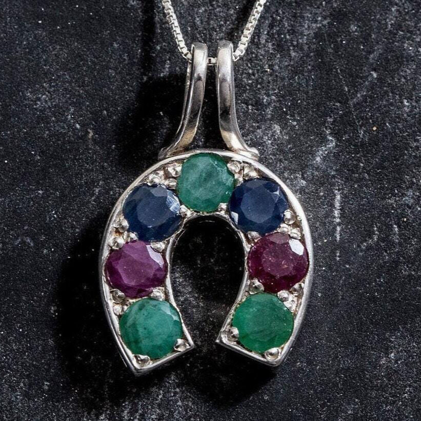 Emerald Pendant, Sapphire Pendant, Ruby Pendant, Horseshoe Pendant, Lucky Charm Pendant, Birthstone Pendant, Solid Silver Pendant, Emerald