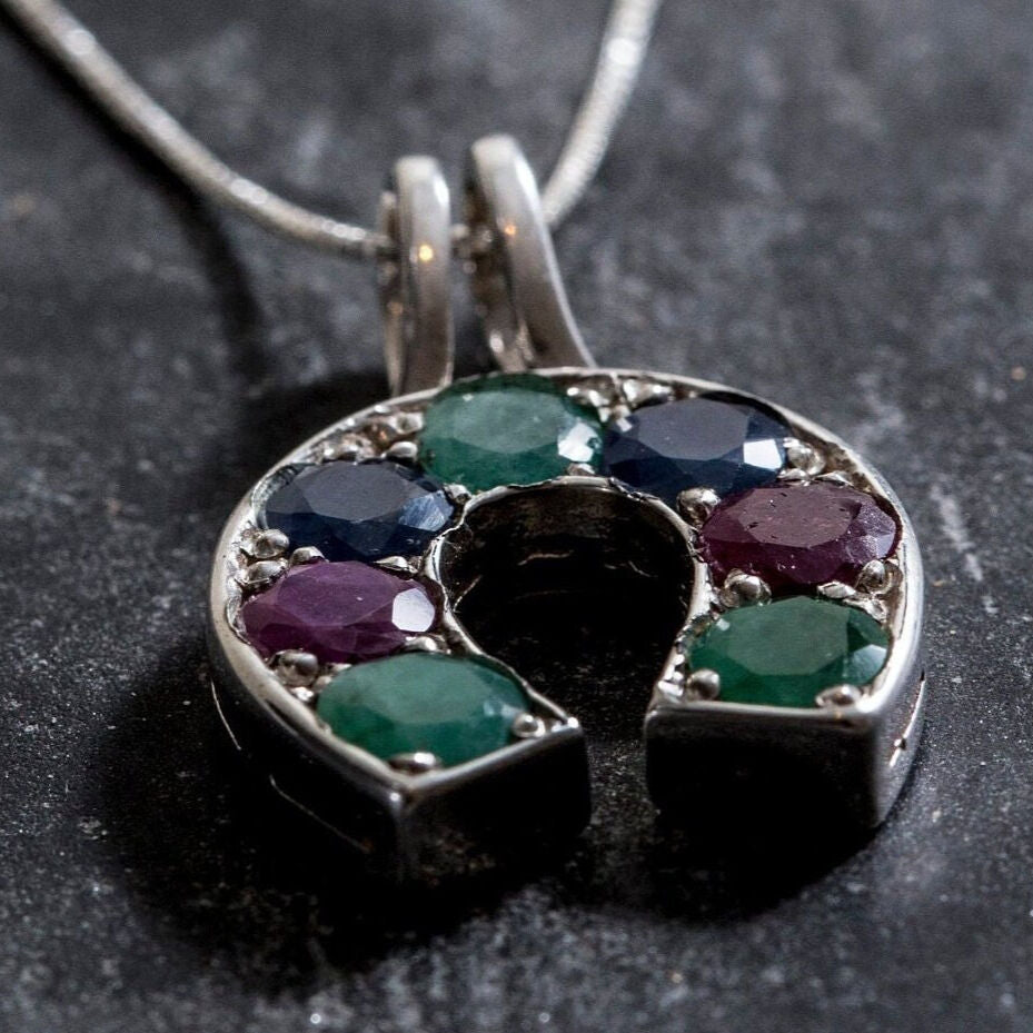 Emerald Pendant, Sapphire Pendant, Ruby Pendant, Horseshoe Pendant, Lucky Charm Pendant, Birthstone Pendant, Solid Silver Pendant, Emerald