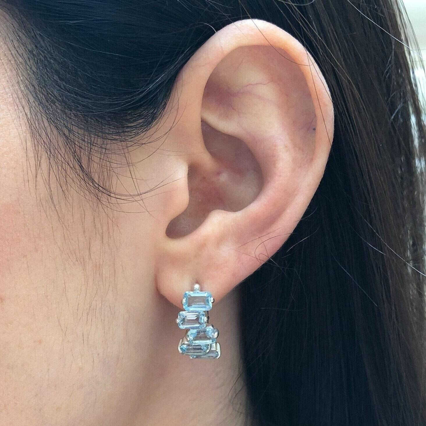 Blue Topaz Earrings, Natural Blue Topaz, Emerald Cut Earrings, Modern Earrings, December Birthstone, Topaz Earrings, 925 Silver Earrings(3)