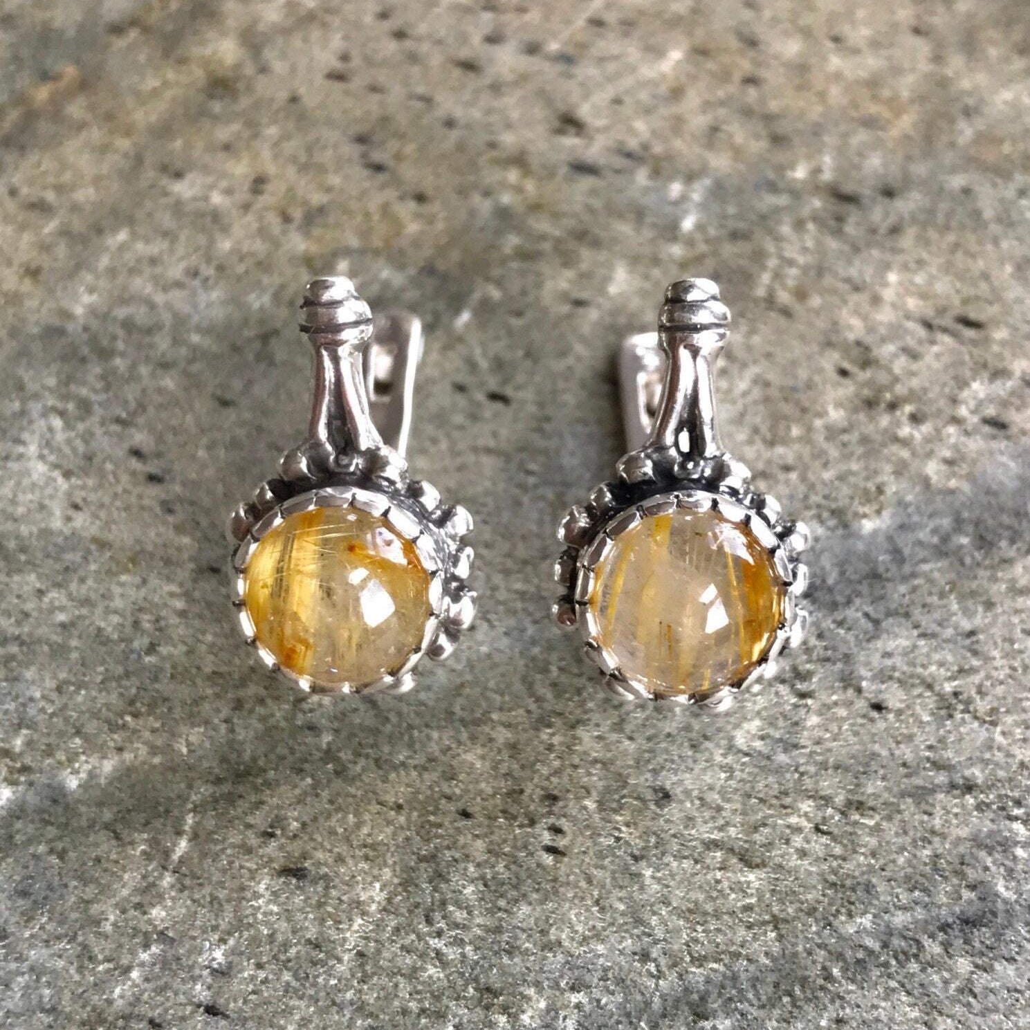 Vintage Earrings, Rutilated Quartz, Leo Birthstone, Natural Gem, Quartz Earrings, Golden Rutilated, Gold Quartz, Golden Quartz, Solid Silver