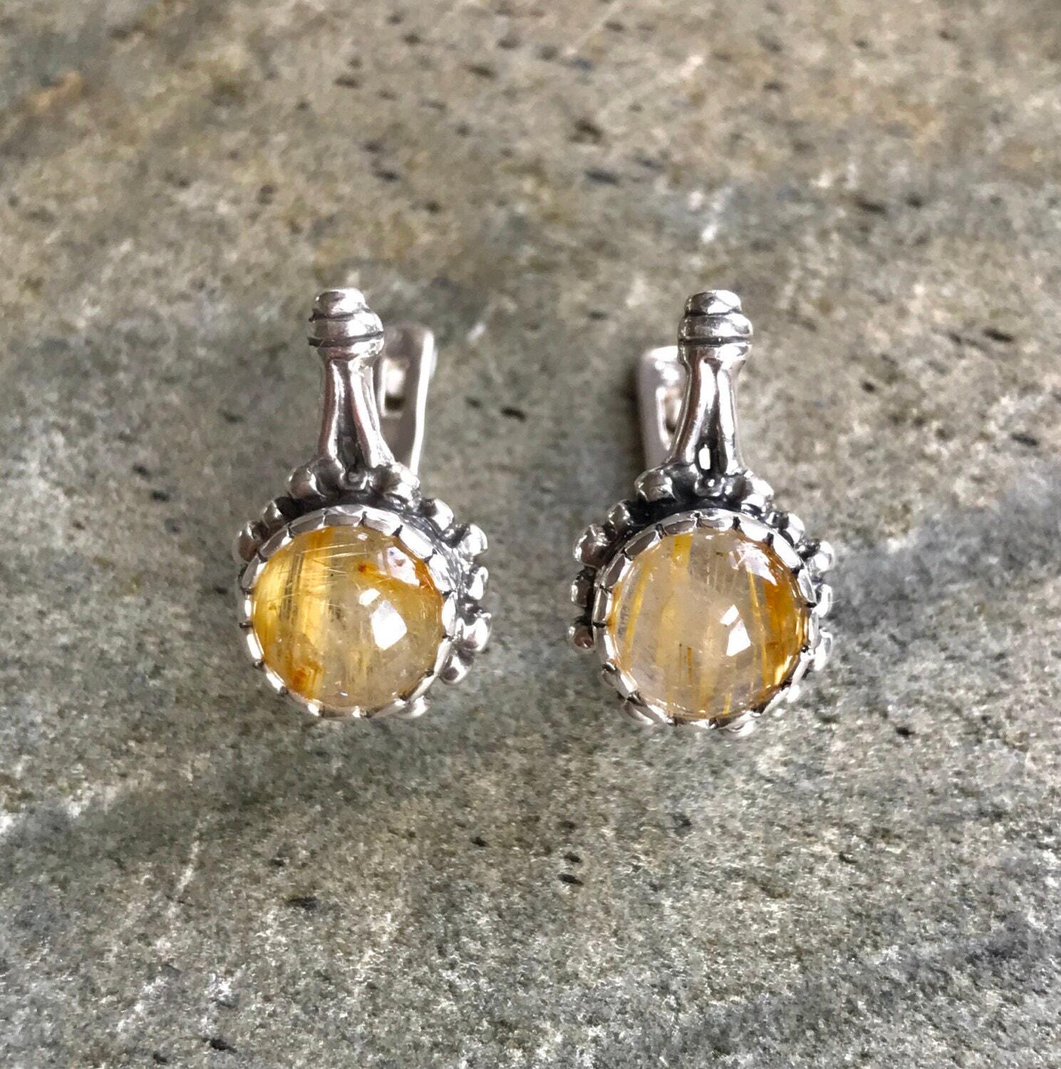 Vintage Earrings, Rutilated Quartz, Leo Birthstone, Natural Gem, Quartz Earrings, Golden Rutilated, Gold Quartz, Golden Quartz, Solid Silver