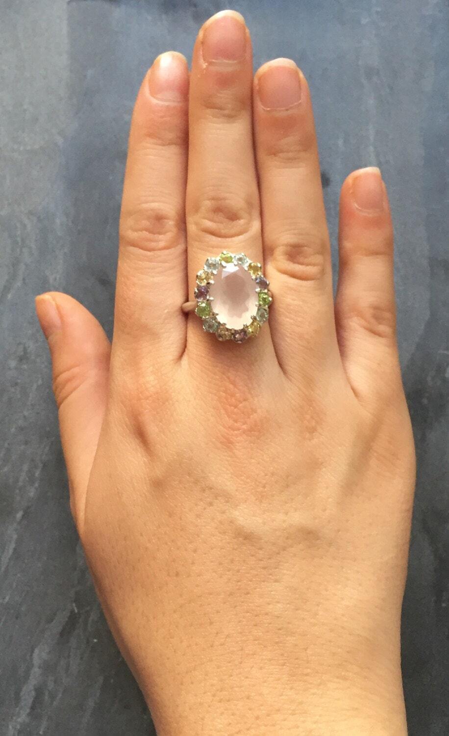 Rose Quartz Ring, Natural Stones Ring, Princess Diana Ring, Pink Ring, Birthstone Ring, January Birthstone, Topaz Ring, Solid Silver, Topaz