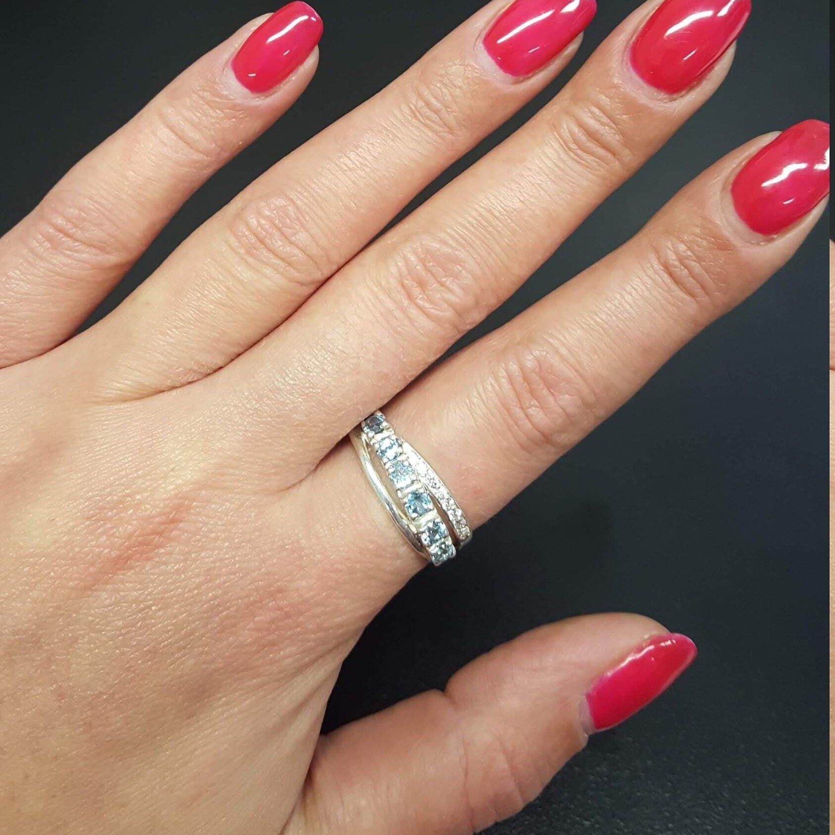 Blue Topaz Ring, Natural Blue Topaz, December Birthstone, Triple Silver Band, Blue Vintage Ring, Topaz Ring, Blue Diamond Ring, Silver Ring