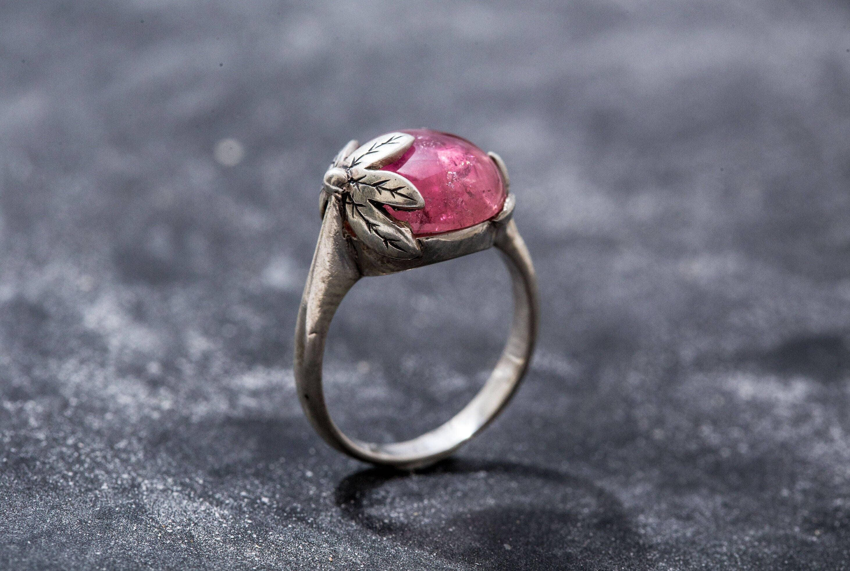 Silver Ring - Silver Wide Ring - Silver Bold Ring - Statement Ring - Organic Ring - Art Nouveau authentic Ring - Pink Tourmaline Setting - Pink Stone