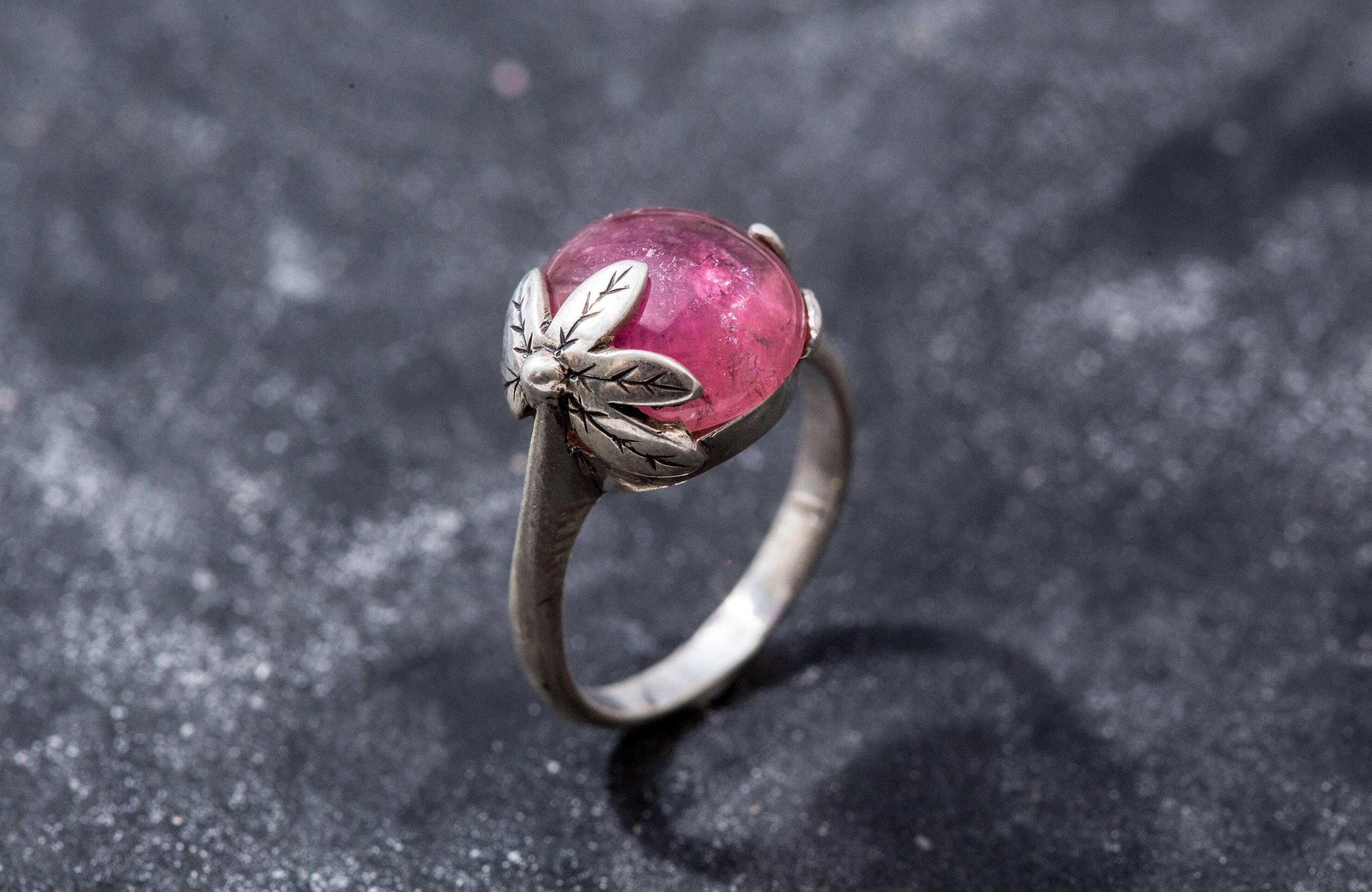 Tourmaline Ring, Pink Tourmaline, Leaf Ring, Natural Tourmaline, Pink Ring, October Birthstone, Birthstone Ring, Silver Ring, Tourmaline