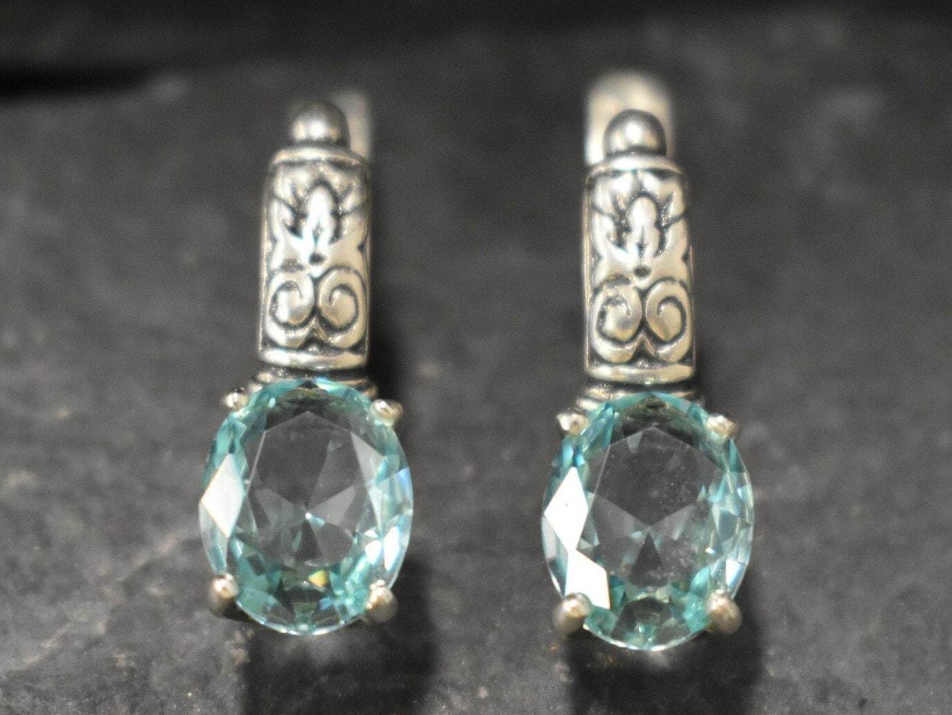 Aquamarine Earrings, Created Aquamarine, Blue Vintage Earrings, Blue Diamond Earrings, Vintage Earrings, Solid Silver Earrings, Aquamarine