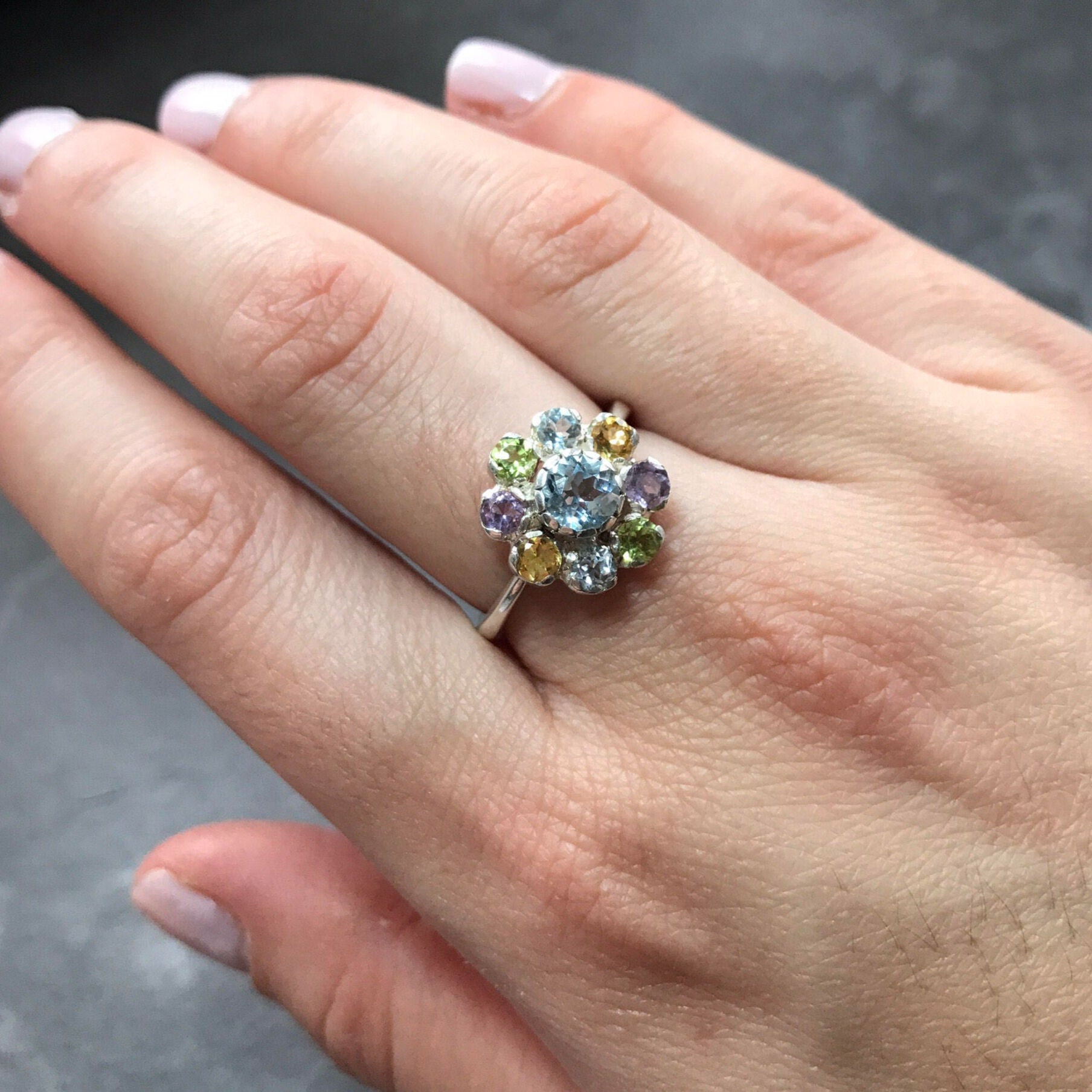 Topaz Flower Ring, Blue Topaz Ring, Natural Topaz, Mothers Ring, Vintage Silver Ring, Birthstones Ring, Citrine Ring, Peridot, Amethyst