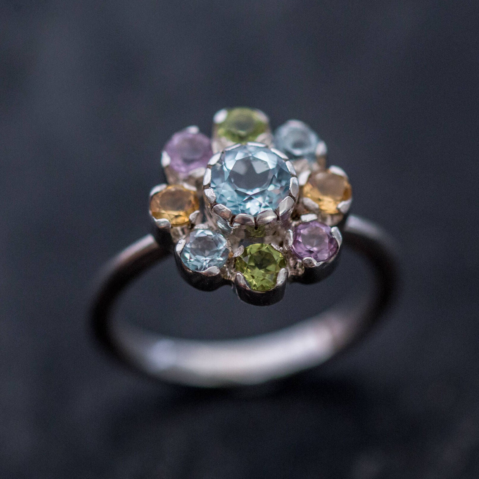 Topaz Flower Ring, Blue Topaz Ring, Natural Topaz, Mothers Ring, Vintage Silver Ring, Birthstones Ring, Citrine Ring, Peridot, Amethyst