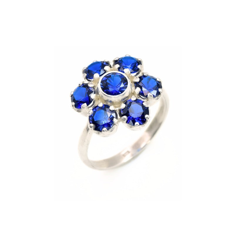 Created Sapphire Ring made in 925 Sterling Silver with Round Created Blue Sapphire in Cluster setting, September Birthstone gift idea, symbolizes sincerity, truth, and faithfulness, ideal for everyday wear and perfect for birthday gifting and special occasions.