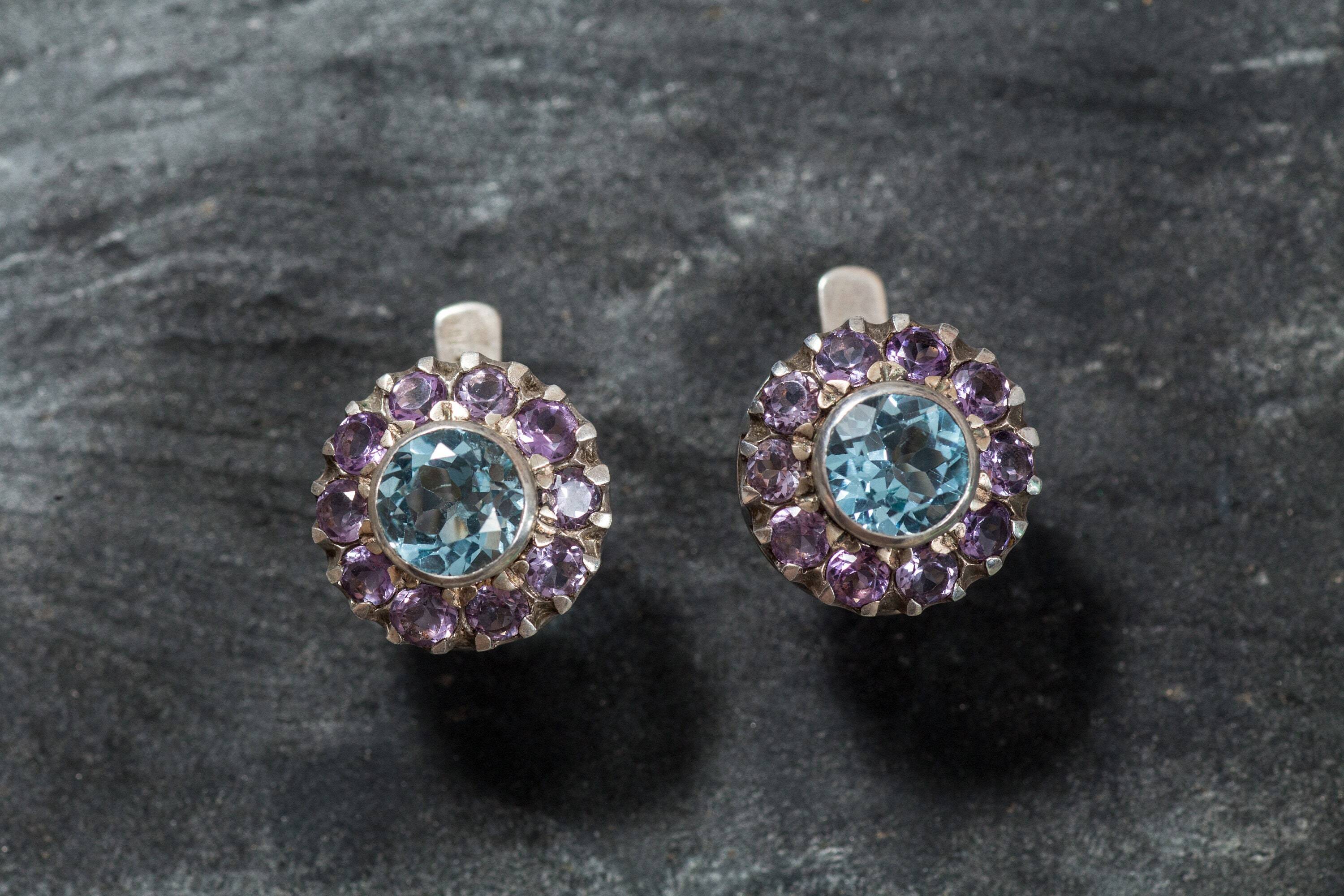 Victorian Earrings, Topaz Earrings, Blue Topaz, Amethyst Earrings, Unique Earrings, December Birthstone, Silver Earrings, Amethyst, Topaz