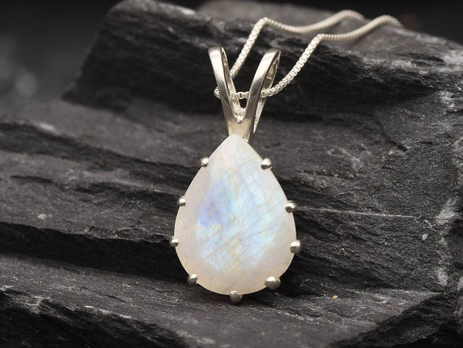 Blue Moonstone Necklace, Rainbow Moonstone, Teardrop Pendant, Moonstone Pendant, June Birthstone, Tear Necklace, Pear Cut Pendant, Silver