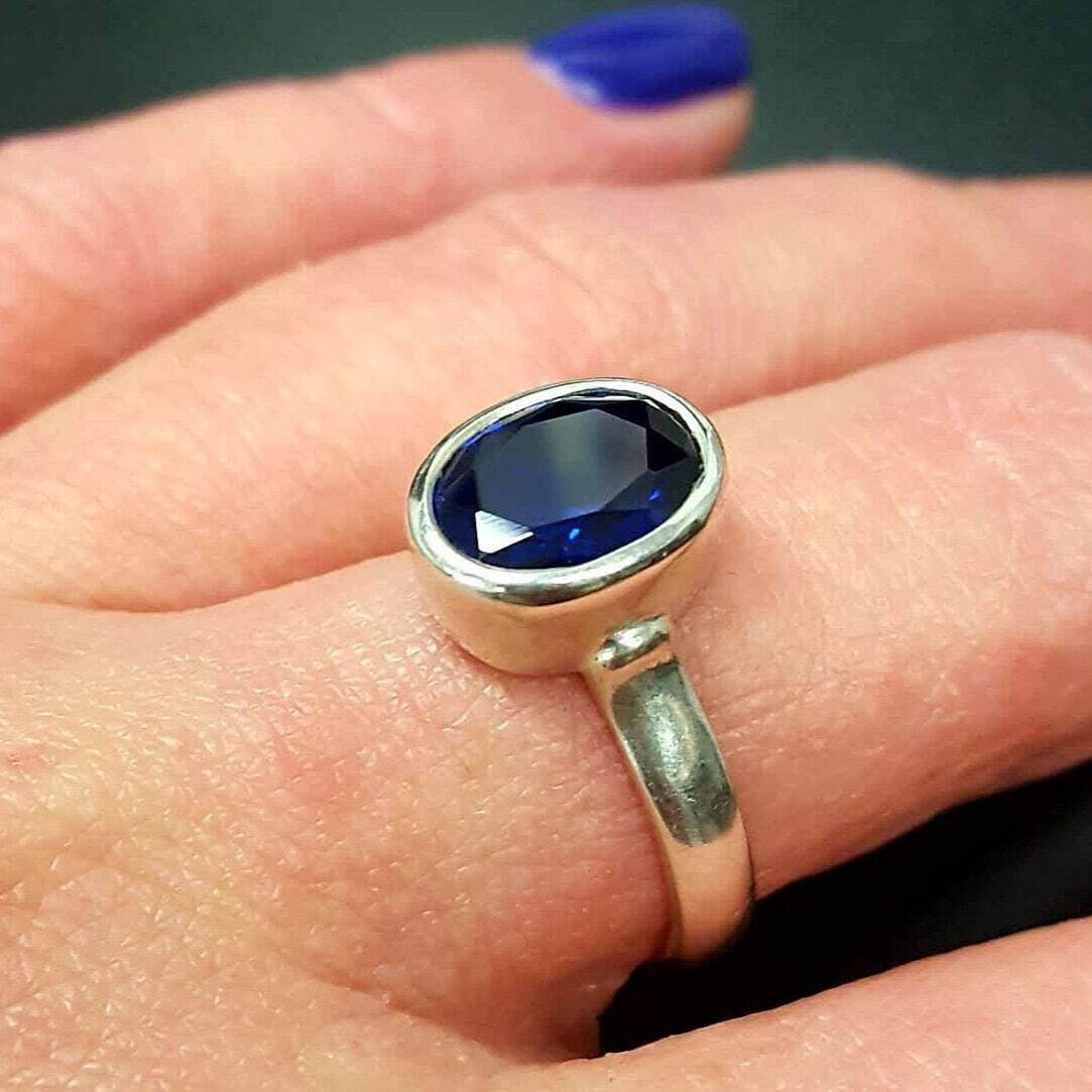 Sapphire Ring, Blue Sapphire Ring, Created Sapphire, Promise Ring, Sapphire Bezel Ring, Blue Diamond Ring, Royal Blue Ring, Solid Silver