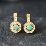 Natural Emerald Earrings made in 18k Gold Vermeil with Round Natural Green Emerald in Halo setting, May Birthstone gift idea, symbolizes growth, harmony, and deep emotional healing, ideal for everyday wear and perfect for birthday gifting and special occasions.