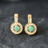 Natural Emerald Earrings made in 18k Gold Vermeil with Round Natural Green Emerald in Halo setting, May Birthstone gift idea, symbolizes growth, harmony, and deep emotional healing, ideal for everyday wear and perfect for birthday gifting and special occasions.
