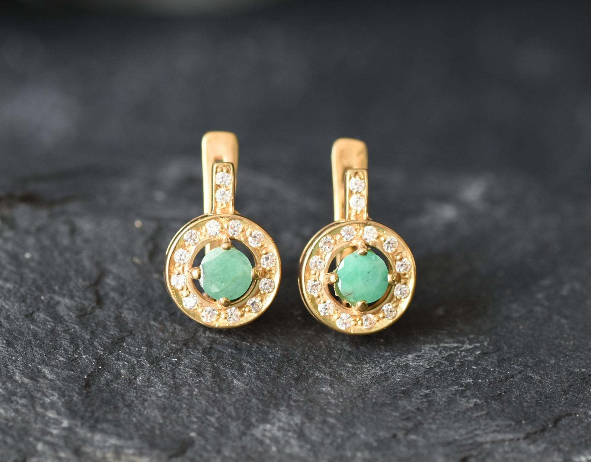Natural Emerald Earrings made in 18k Gold Vermeil with Round Natural Green Emerald in Halo setting, May Birthstone gift idea, symbolizes growth, harmony, and deep emotional healing, ideal for everyday wear and perfect for birthday gifting and special occasions.