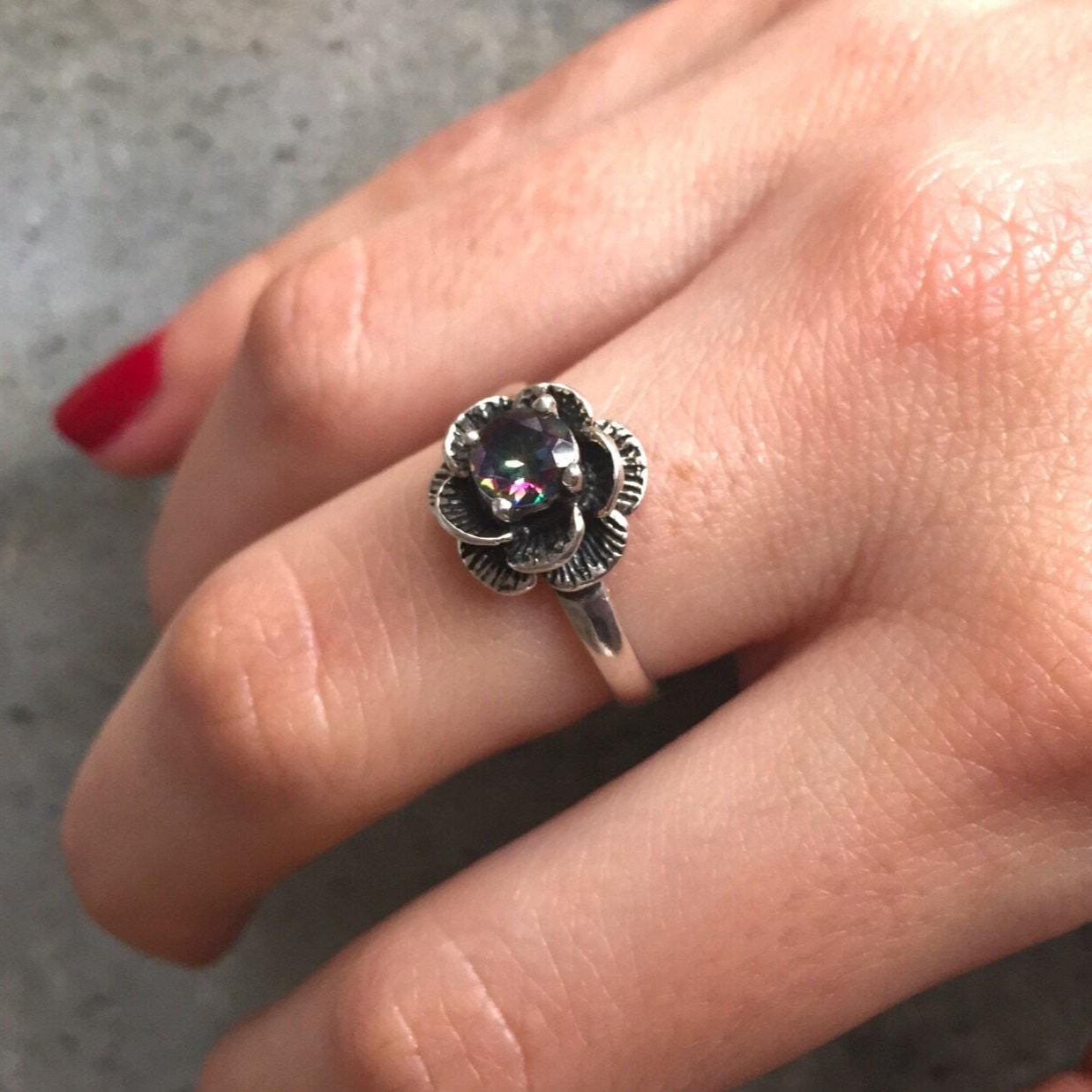 Flower Ring, Mystic Topaz Ring, Natural Topaz, Vintage Flower Ring, Topaz Flower Ring, December Birthstone, Solid Silver Ring, Silver Flower