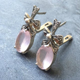 Rose Quartz Earrings - Pink Statement Earrings - Ribbon Vintage Earrings