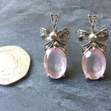 Rose Quartz Earrings - Pink Statement Earrings - Ribbon Vintage Earrings