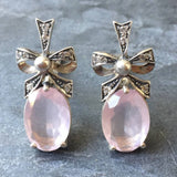 Rose Quartz Earrings - Pink Statement Earrings - Ribbon Vintage Earrings