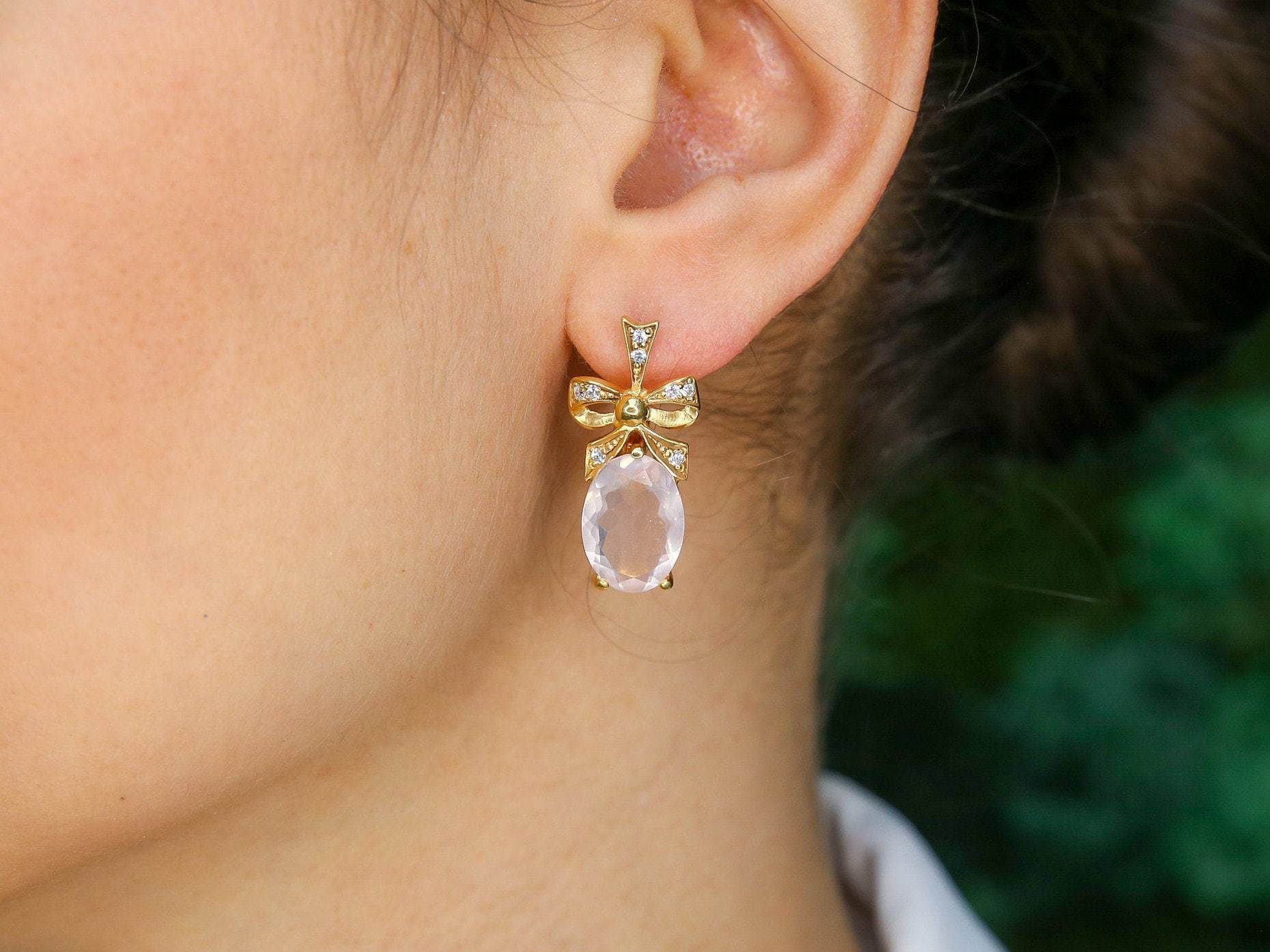 Rose Quartz Earrings, Quartz Earrings, Natural Rose Quartz, Ribbon Earrings, January Birthstone, Pink Diamond Earrings, 925 Silver Earrings(1)