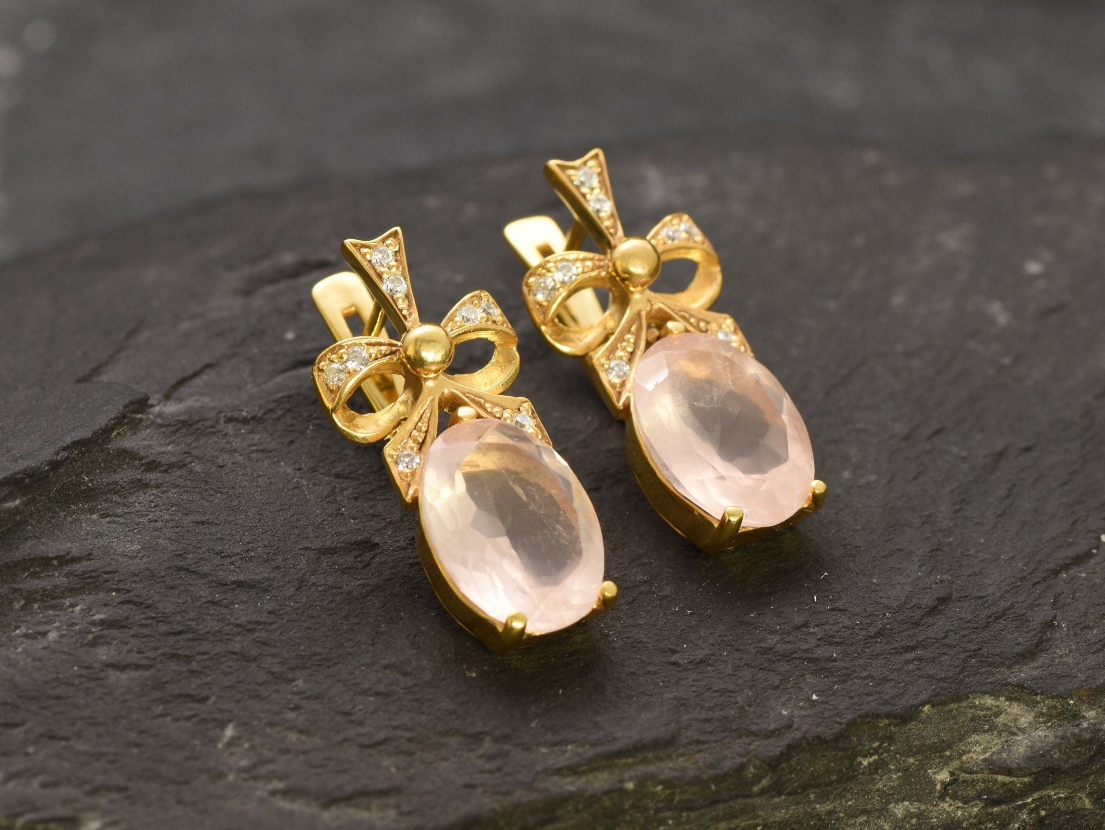 Rose Quartz Earrings, Quartz Earrings, Natural Rose Quartz, Ribbon Earrings, January Birthstone, Pink Diamond Earrings, 925 Silver Earrings(1)
