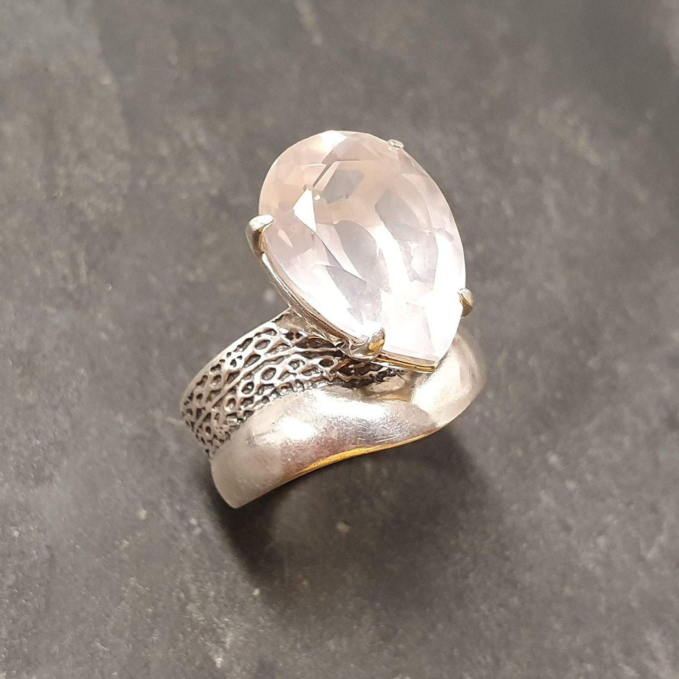 Rose Quartz Ring - Large Pink Ring - Vintage Teardrop Ring