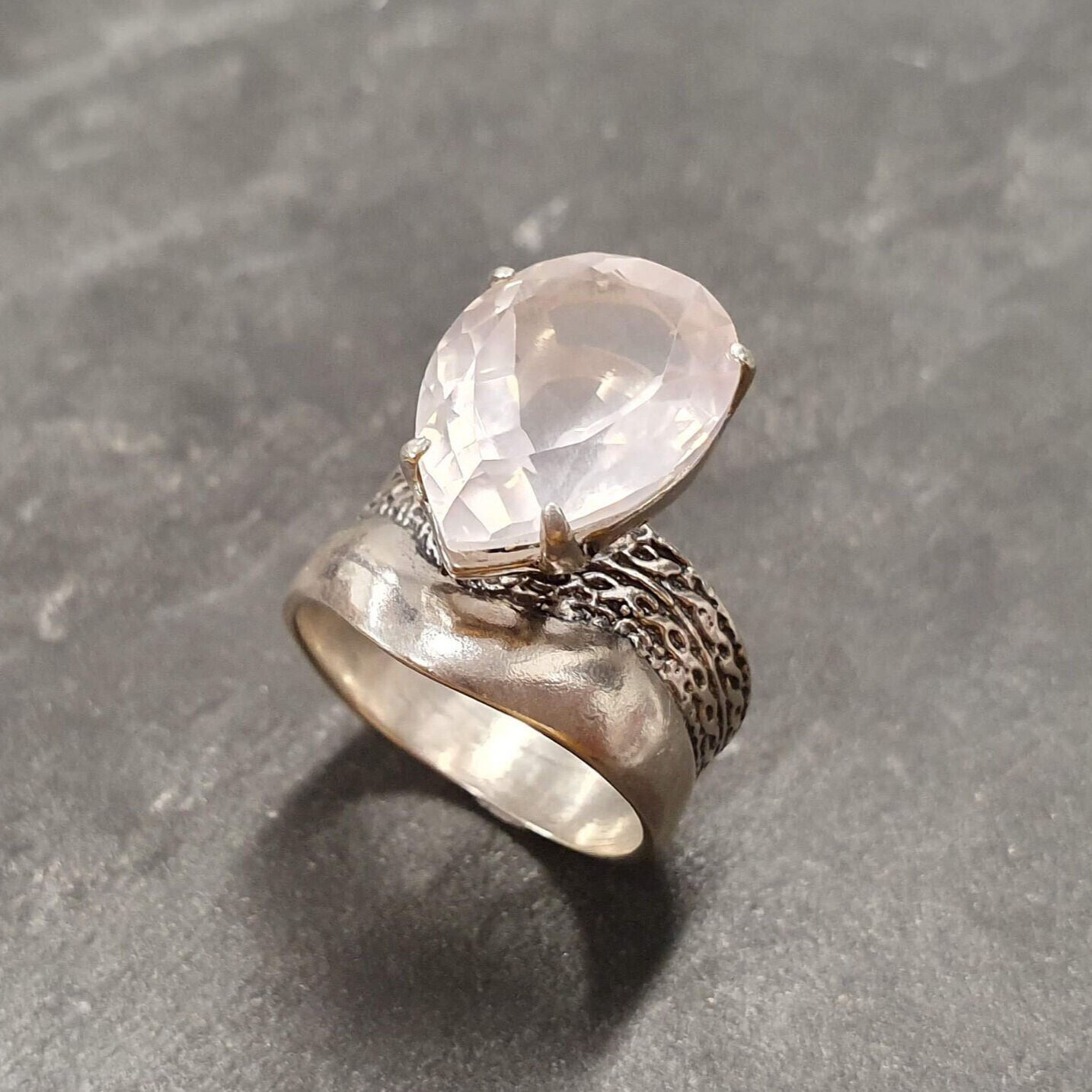 Rose Quartz Ring - Large Pink Ring - Vintage Teardrop Ring