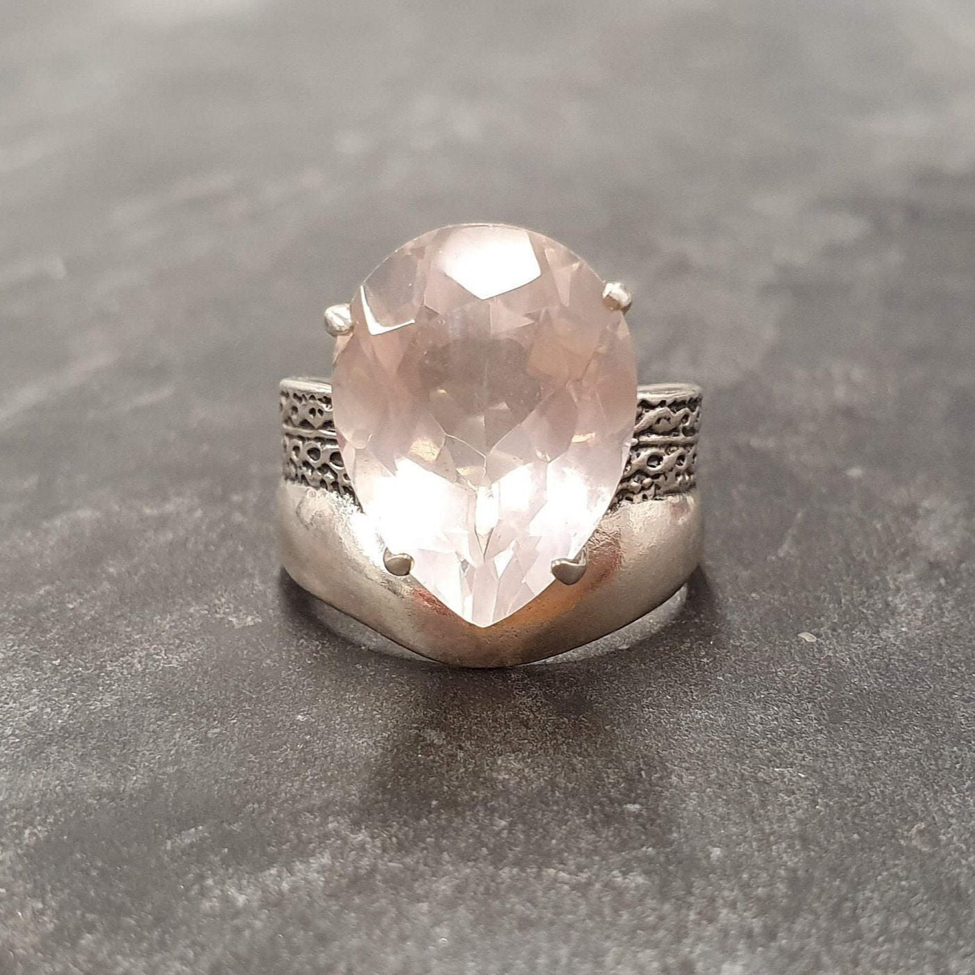 Rose Quartz Ring - Large Pink Ring - Vintage Teardrop Ring