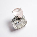 Rose Quartz Ring - Large Pink Ring - Vintage Teardrop Ring