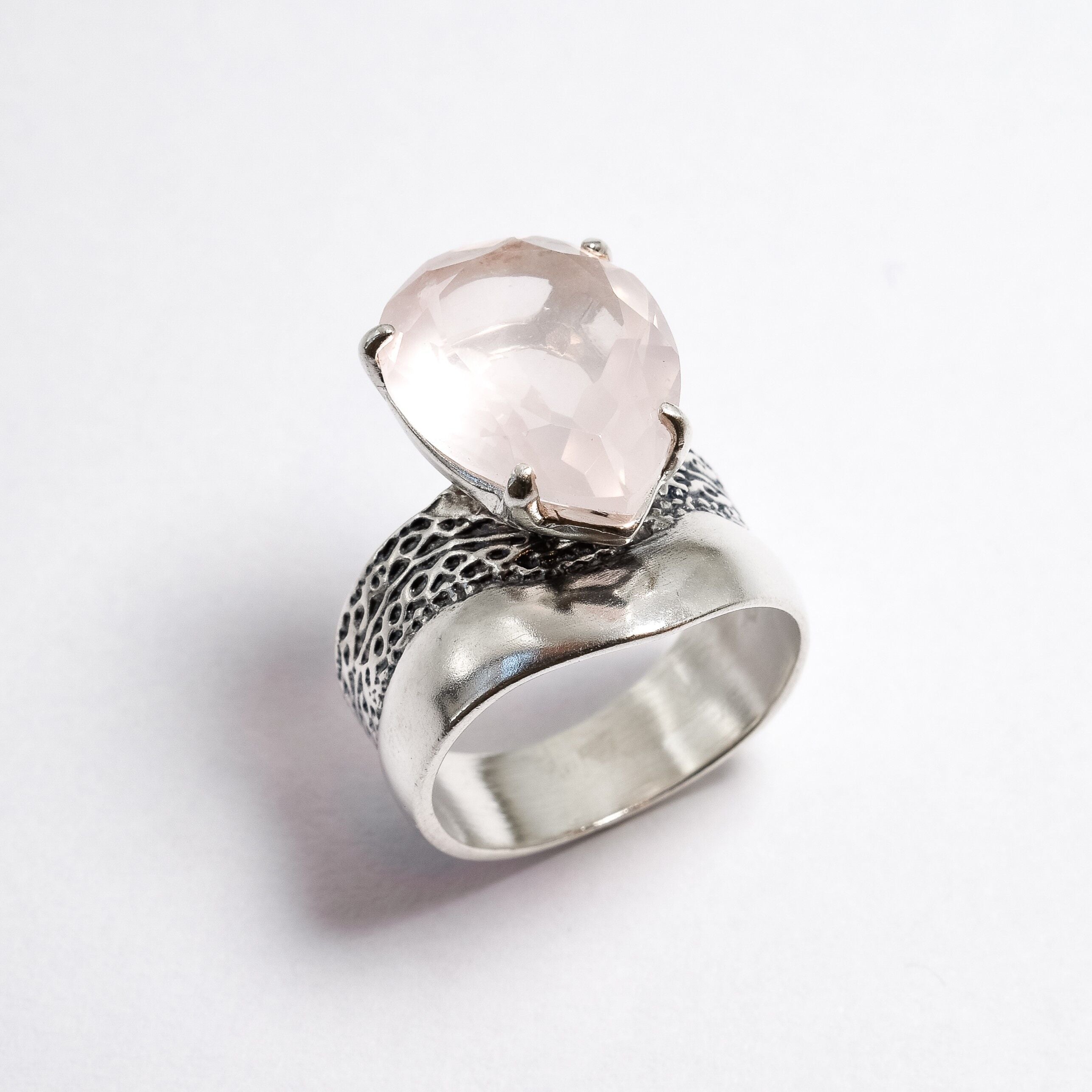 Rose Quartz Ring - Large Pink Ring - Vintage Teardrop Ring