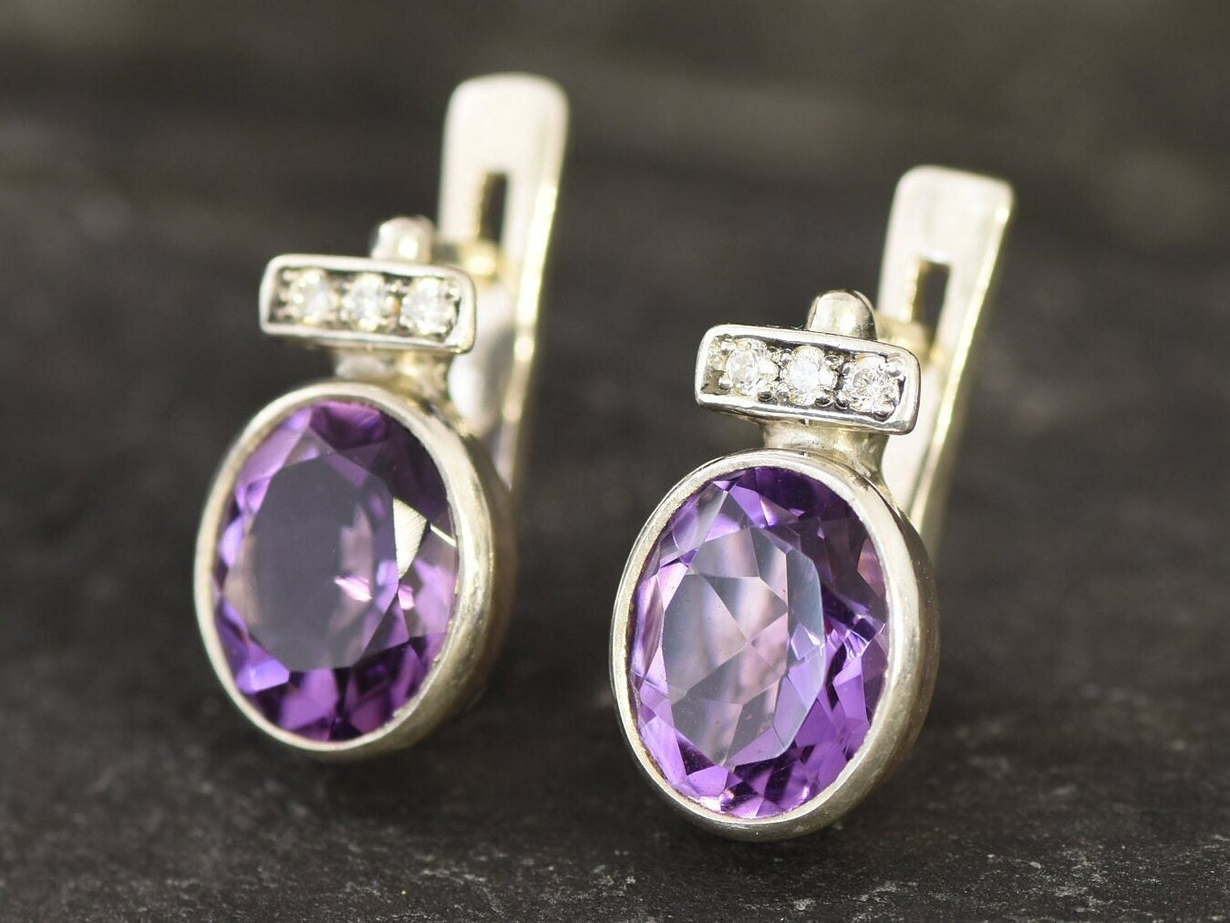 Amethyst Earrings, Dainty Antique Earrings, Natural Amethyst, Amethyst Oval Studs, Purple Earrings, Vintage Earrings, Solid Silver Earrings