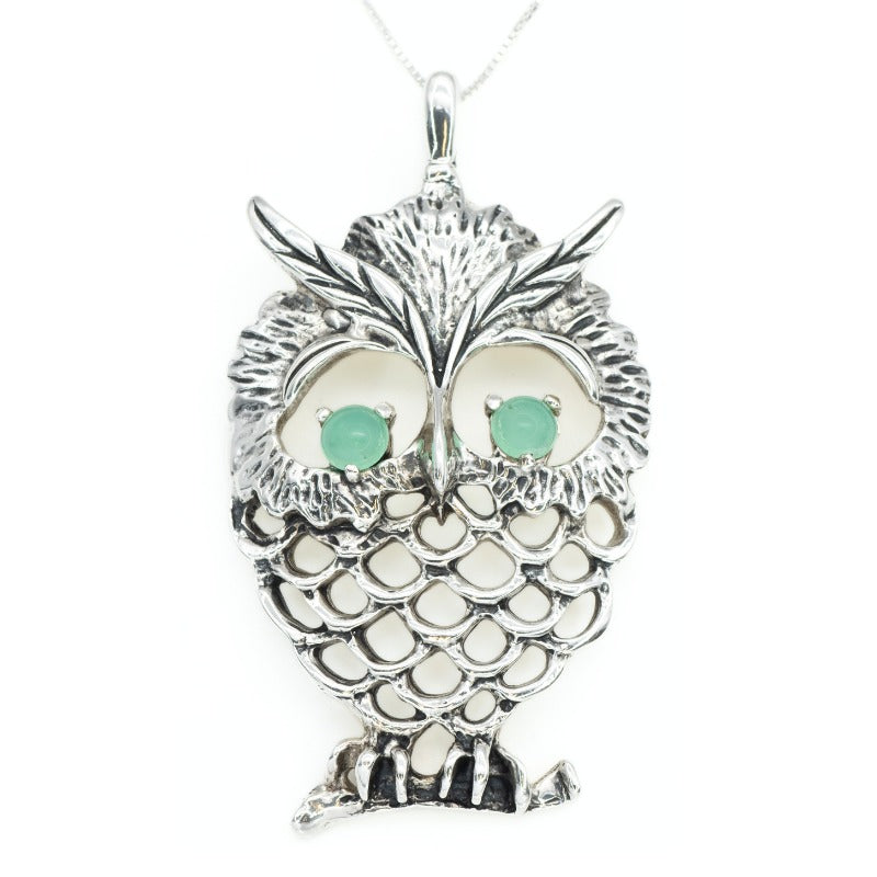 Owl Pendant, Silver Owl Pendant, Chrysoprase Pendant, Artistic Pendant, Chrysoprase Eyes, Solid Silver Pendant, Wisdom Pendant, Owl