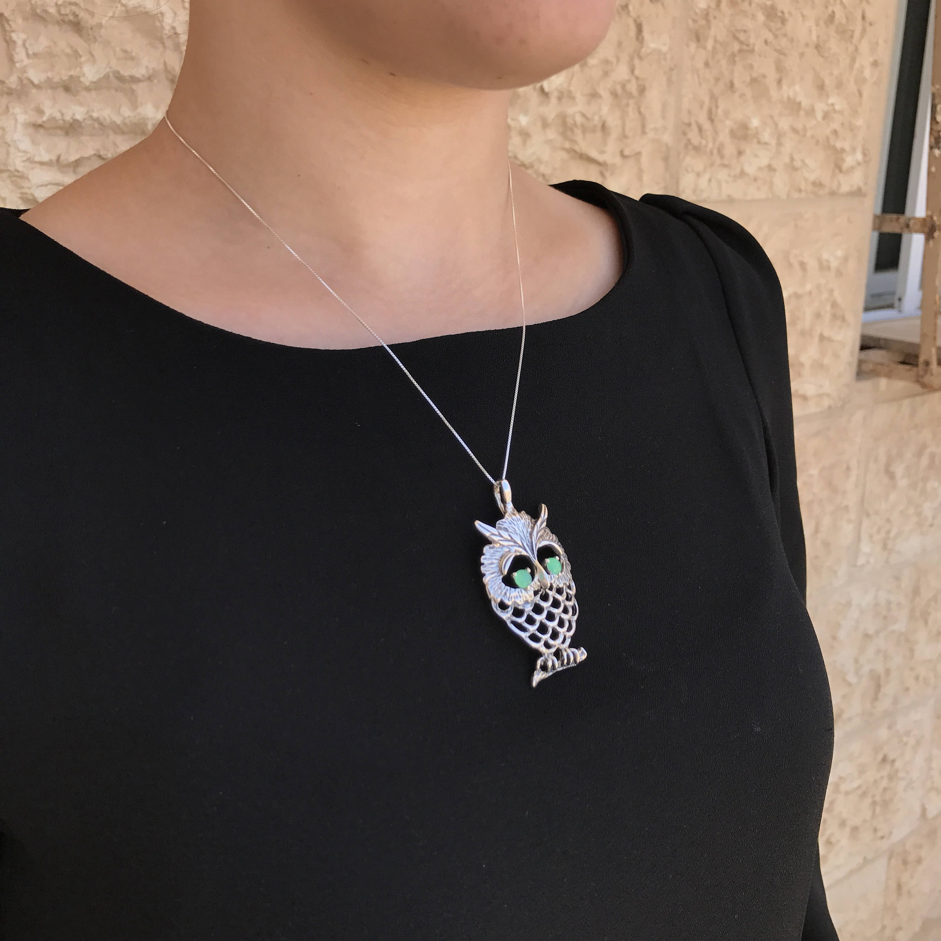 Owl Pendant, Silver Owl Pendant, Chrysoprase Pendant, Artistic Pendant, Chrysoprase Eyes, Solid Silver Pendant, Wisdom Pendant, Owl