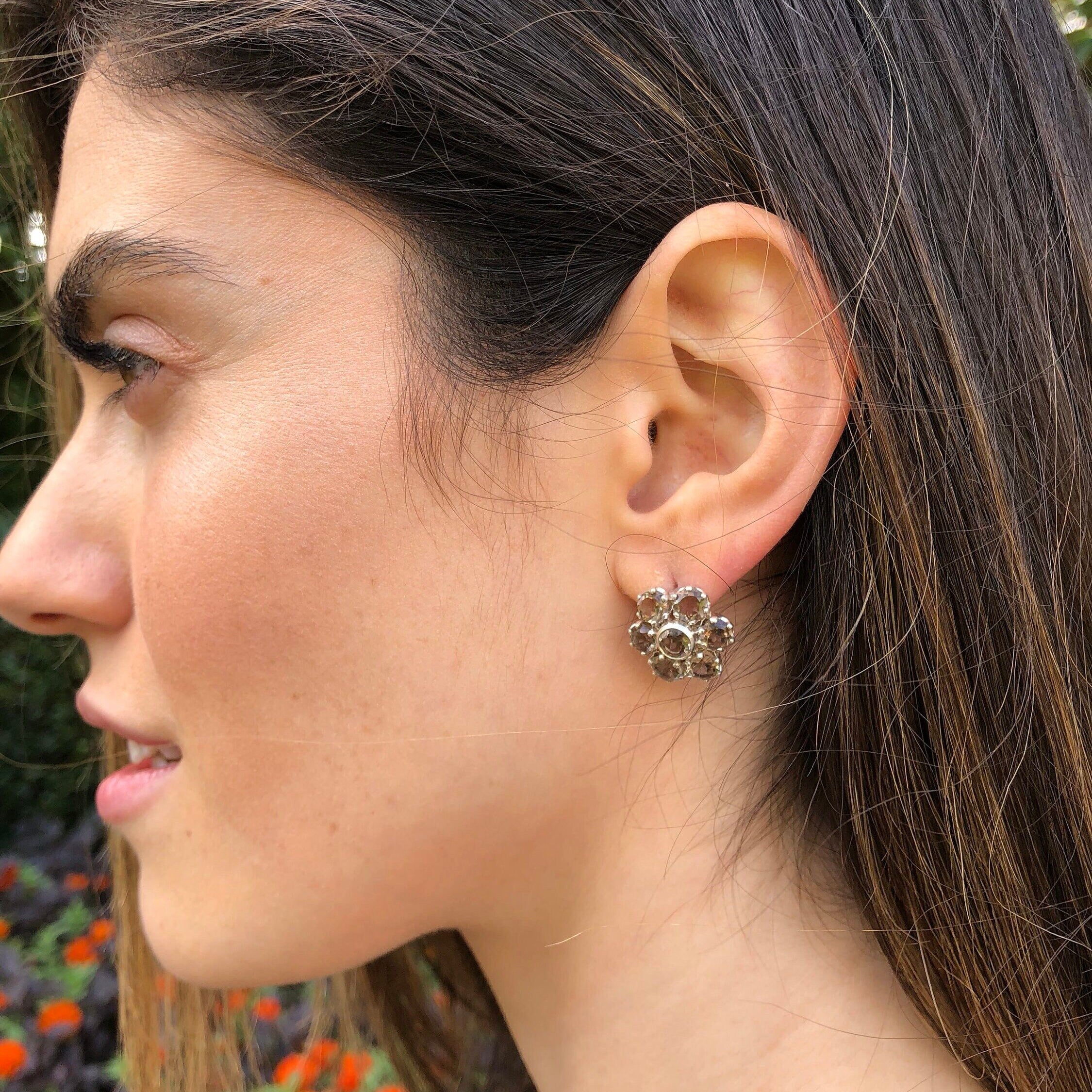 Flower Earrings, Smoky Topaz Earrings, Scorpios Birthstone, Natural Topaz, Vintage Earrings, Scorpios Earrings, Solid Silver, Pure Silver