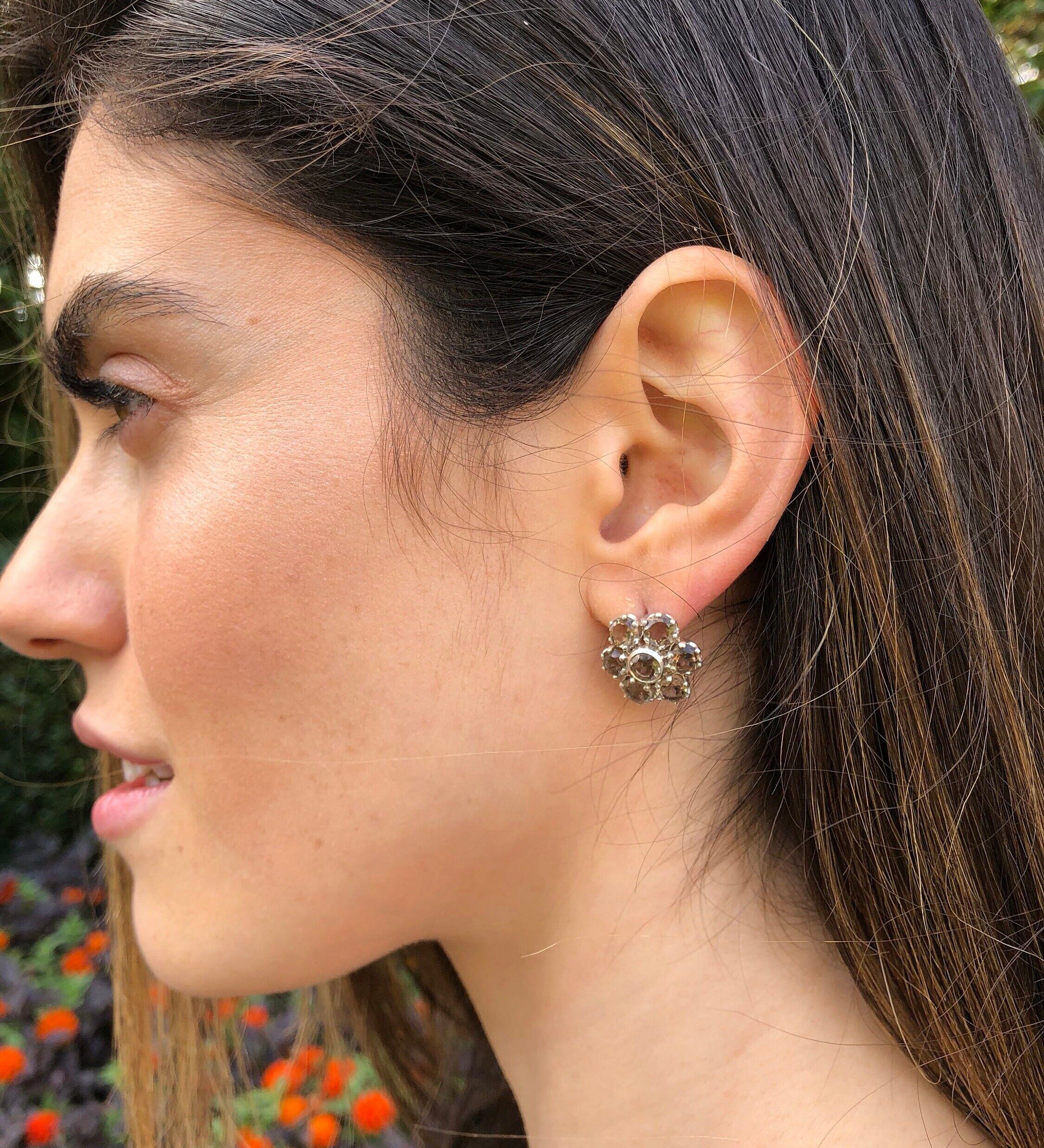 Flower Earrings, Smoky Topaz Earrings, Scorpios Birthstone, Natural Topaz, Vintage Earrings, Scorpios Earrings, Solid Silver, Pure Silver