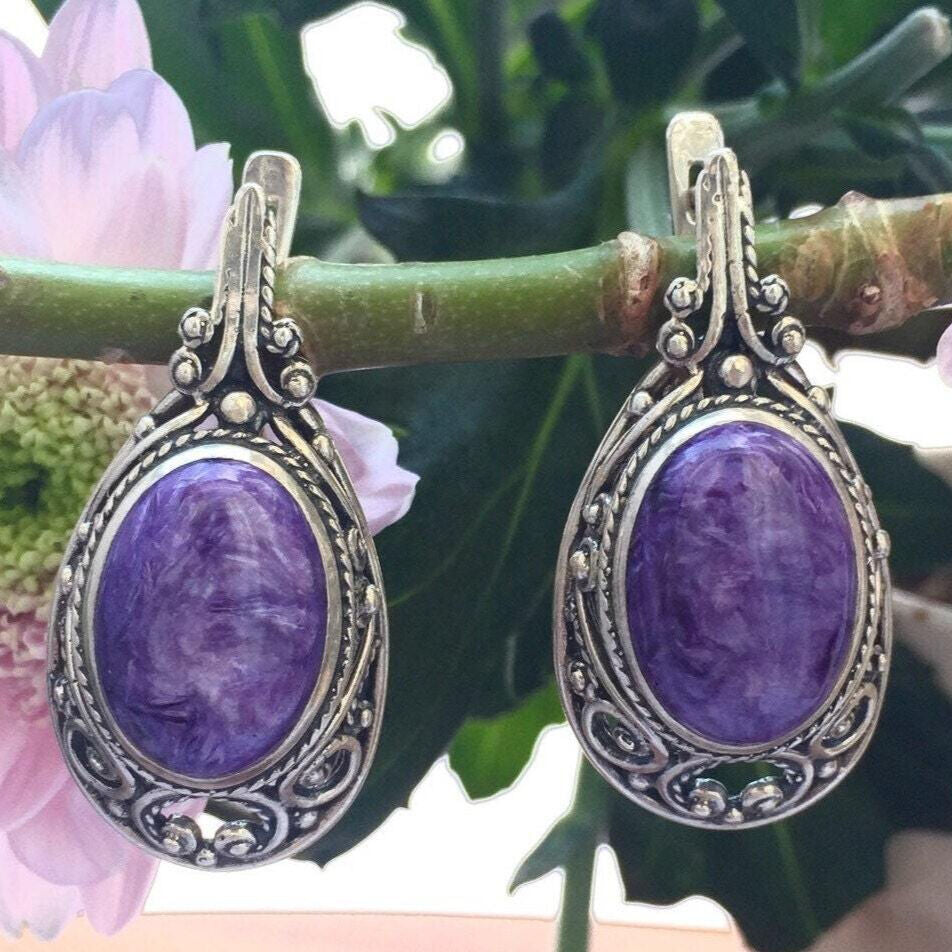 Charoite Earrings, Purple Earrings, Antique Earrings, Artistic Earrings, Scorpio Earrings, Vintage Earrings, Solid Silver Earrings, Charoite