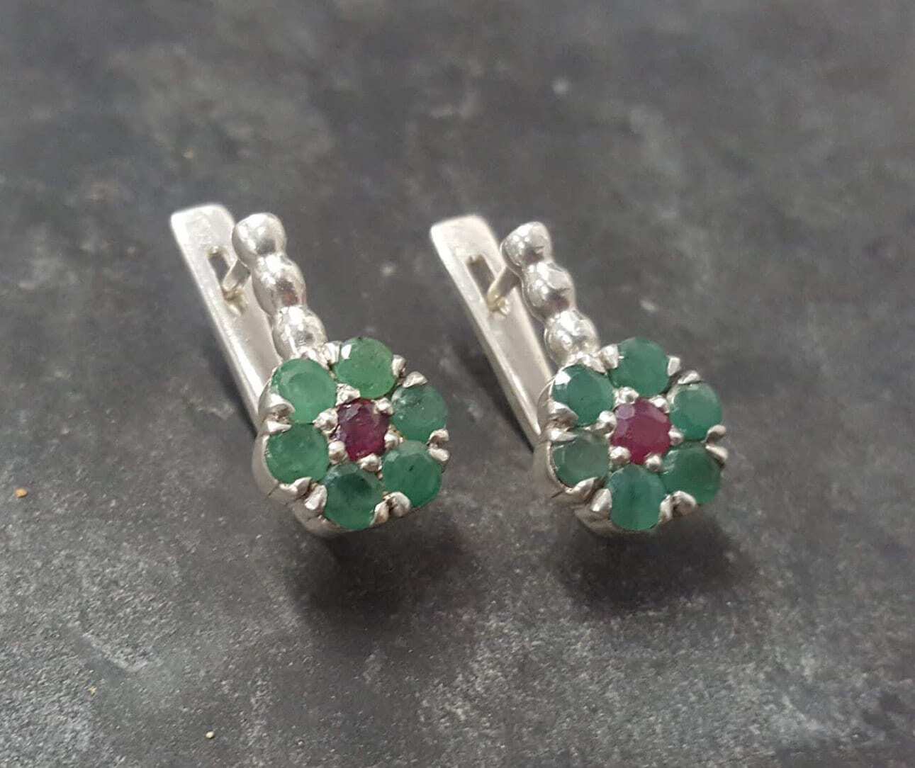Natural Ruby Earrings made in 925 Sterling Silver with Round Natural Red Ruby in Cluster setting, July Birthstone gift idea, symbolizes nobility, purity, and passion, ideal for everyday wear and perfect for birthday gifting and special occasions.