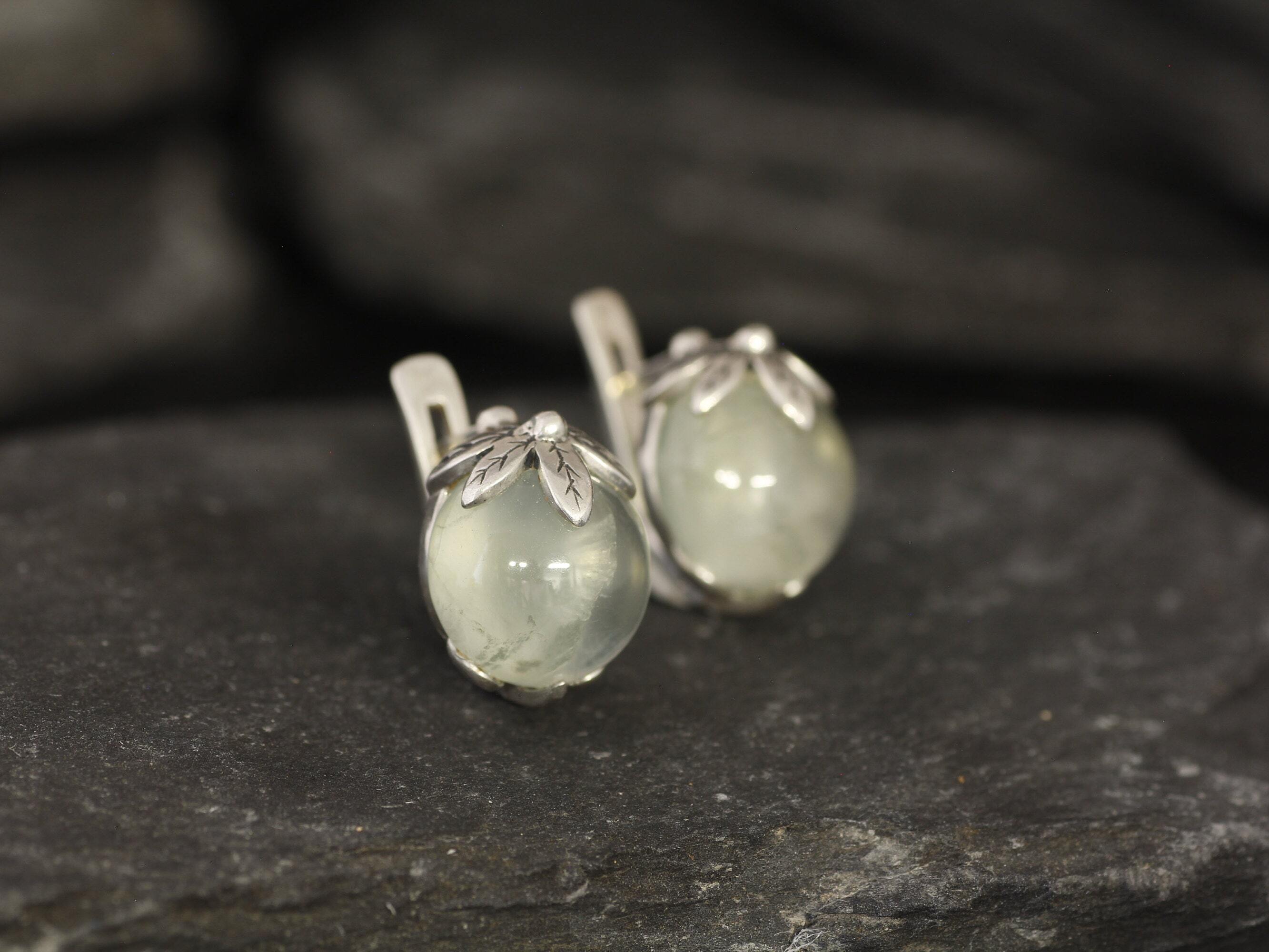 Prehnite Earrings, Natural Prehnite, May Birthstone, Green Leaf Earrings, Flower Earrings, Art Nouveau Earrings, Silver Earrings, May Studs